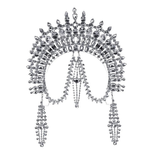 Exaggerated Rhinestone Tassel Crown Headpiece