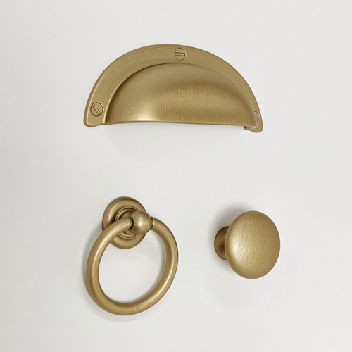 Capri Brushed Gold Cup Drawer Pull, Ring Pull or Round Cabinet Knob Euro • Knobs