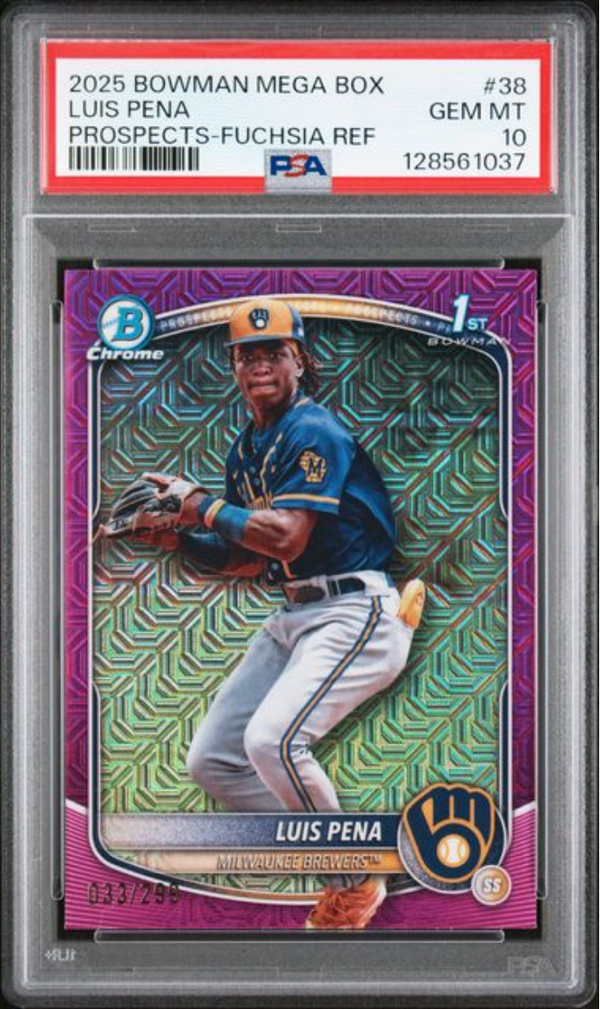 Graded 2025 Topps Bowman Mega Box Luis Pena #38 Prospects Fuschia Refractor /299 Rookie RC Baseball Card PSA 10 Gem Mint