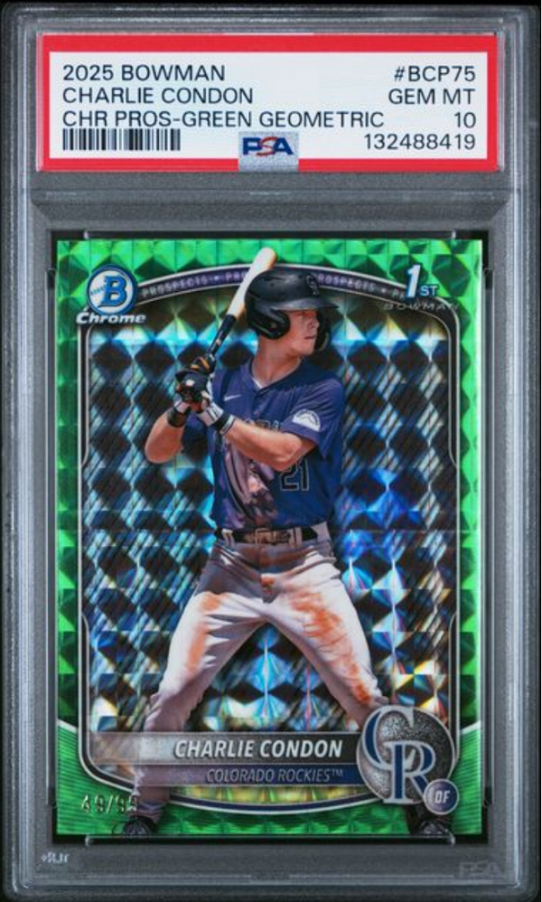 Graded 2025 Topps Bowman Charlie Condon #BCP75 Chrome Prospects Green Geometric /99 Rookie RC Baseball Card PSA 10 Gem Mint