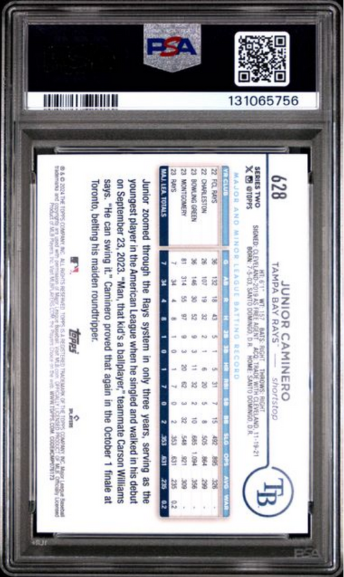 Graded 2024 Topps Junior Caminero #628 Rainbow Foil Rookie RC Baseball Card PSA 10 Gem Mint