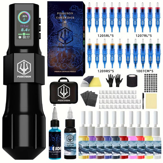 Набір для татуювань POSEIDON New Cool Tattoo Pen Kit For Permanent Makeup Tattoo Machine Kit Wireless Tattoo Power Supply Kit Tattoo Gun Kit