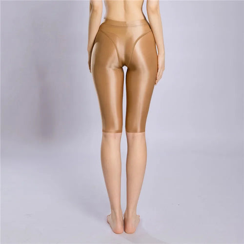 Women's Oil Glossy Sheer High-Waist Shaping Shorts Satin Smooth Leggings