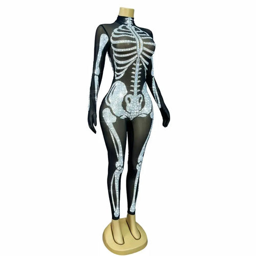 Rhinestone Skeleton Monster Cosplay Jumpsuit & Halloween Stage Dance Romper