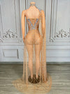 Sparkly Rhinestone & Pearl Mesh Evening Gown with Cloak Sleeves Stage Costume
