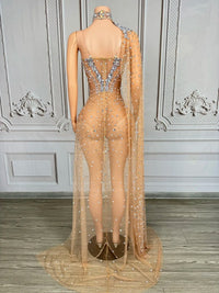 Sparkly Rhinestone & Pearl Mesh Evening Gown with Cloak Sleeves Stage Costume