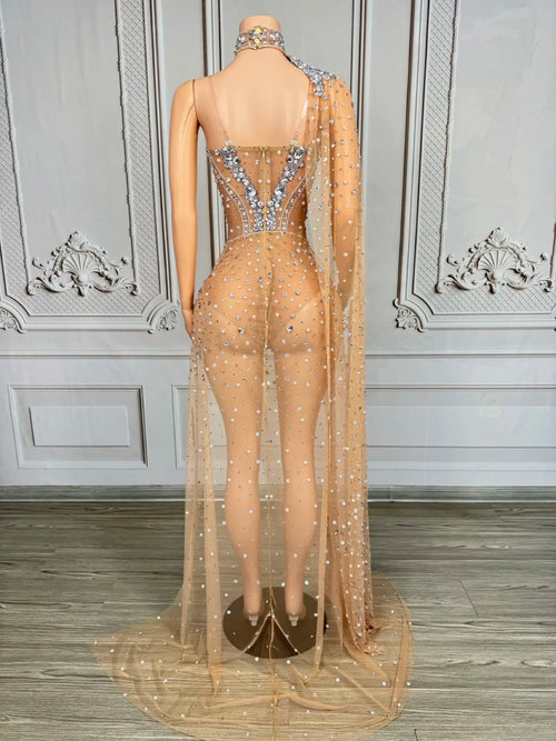 Sparkly Rhinestone & Pearl Mesh Evening Gown with Cloak Sleeves Stage Costume