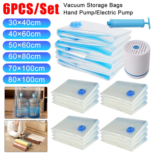 6PCS Vacuum Storage Bags Vacuum Seal Bag with Pump Space Saving Bags for Comforters Clothes Pillow Bedding Blanket Storage Bag