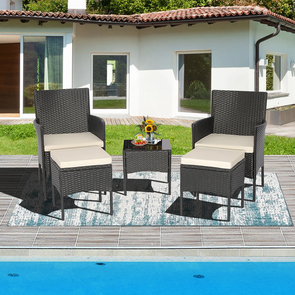 5PCS Patio Rattan Furniture Set Cushioned Sofa Ottoman Armrest Side Table Garden