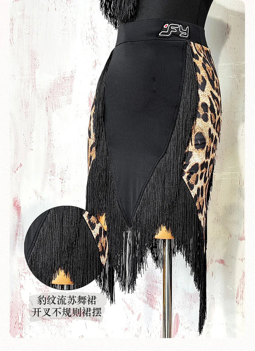 Black Open-Back Leotard & Leopard Print Fringe Skirt Latin Dance Costume Set