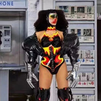 PU Leather Flame Bikini, Collar & Harness Shorts 3-Piece Gogo Performance Costume Set
