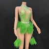 Rhinestone Feather Embellished Bodysuit & Showgirl Stage Dance Costume