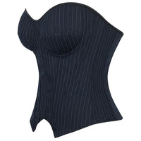 Black Striped Overbust Corset Top Zipper Front Lace-Up Bustier Body Shaper