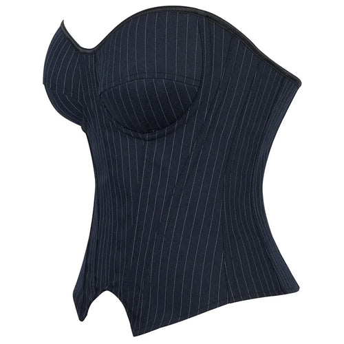 Black Striped Overbust Corset Top Zipper Front Lace-Up Bustier Body Shaper