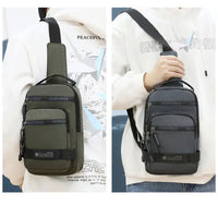 Men's large capacity nylon shoulder chest bag, travel-friendly, casual style, available in green and gray.
