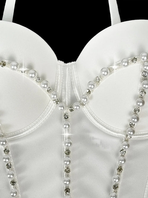 Pearl Embroidered Bustier Corset Crop Top High Street Evening Bralette