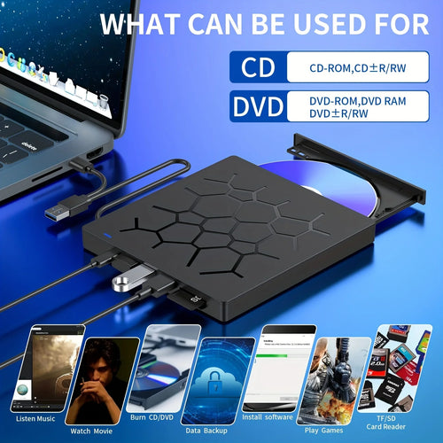 External Drive 7 IN 1 USB 3.0 Portable DVD Player,External Disk Drive Optical Compatible With Laptop Desktop PC Windows Linux OS
