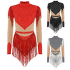 Rhinestone Sequin Tassel Long Sleeve Dance Jumpsuit Bodysuit
