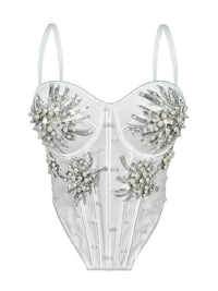 Pearl & Sequin Embroidered Floral Bustier Corset Top Asymmetric Camisole Bralette