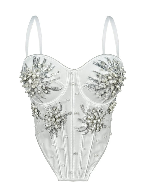 Pearl & Sequin Embroidered Floral Bustier Corset Top Asymmetric Camisole Bralette