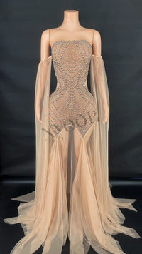 Rhinestone & Pearl Off-Shoulder Sheer Illusion Long Dress Gala Evening Costume