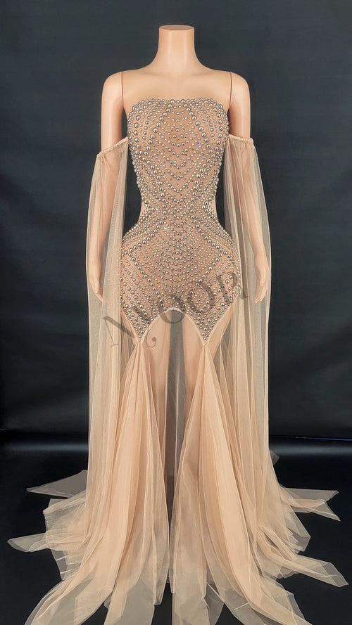 Rhinestone & Pearl Off-Shoulder Sheer Illusion Long Dress Gala Evening Costume