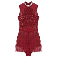Sparkly Sequin & Fringe Dance Dress with Gloves Latin Stage Performance Costume