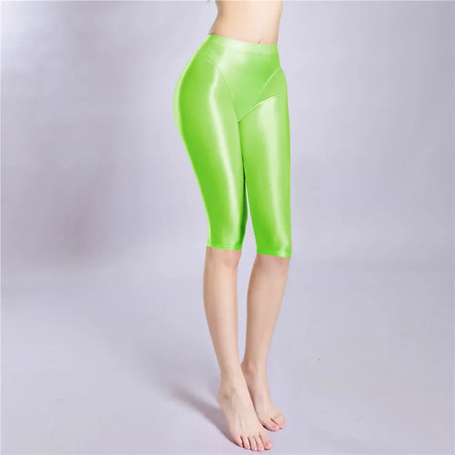 Women's Oil Glossy Sheer High-Waist Shaping Shorts Satin Smooth Leggings