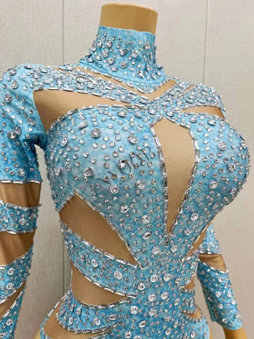 Sparkly Rhinestone Long Sleeve Cutout Bodysuit Stage Performance Dance Leotard