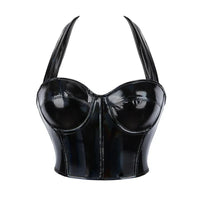 Black Shiny PU Leather Halter Corset Crop Top Push-Up Bustier Gothic Bra