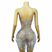 Flashing Crystal Rhinestone Chain Sheer Nude Mesh Stage Bodysuit Dance Leotard