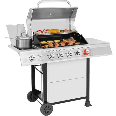 5 burners Propane gas grill with burner and side burner, stainless steel grill 632 square feet. 64,000 btu, silver