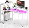 Seventable Gaming Desk with Power Outlet and LED Light, Reversible Small Desk with Monitor Stand,4 Tiers Shelves and Hooks,39