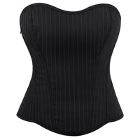 Black Striped Overbust Corset Top Zipper Front Lace-Up Bustier Body Shaper