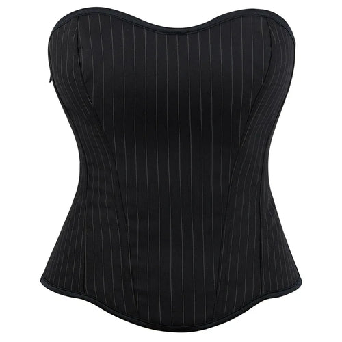 Black Striped Overbust Corset Top Zipper Front Lace-Up Bustier Body Shaper