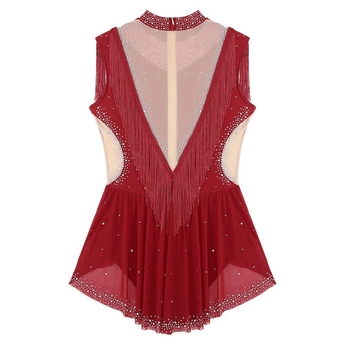 Rhinestone Mock Neck Mesh Tassel Leotard