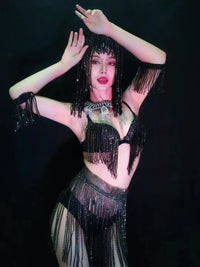 Luxury Crystal Tassel Bikini & Wig Performance Set – Premium Showgirl Stage Costume for GoGo Dancers, Nightclub DJs & Rave Outfits
