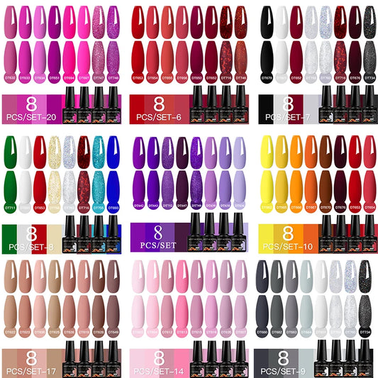 MEET CROSS 8Pcs/Set Sparkly Rose Red Purple Gel Polish Nail Polish Glitter Semi Permanent Nail Art Gel Vernis For Nails Набори для манікюру