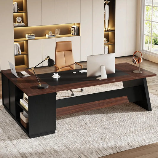 L-Shaped Executive Desk, Large Office Desk with Drawers and Lateral File Cabinet, Business Furniture with Storage Shelves