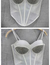 Rhinestone Mesh Denim Bustier Corset Crop Top Push-Up Party Bralette