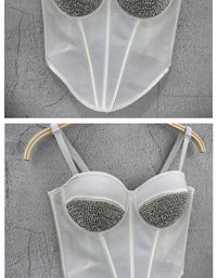 Rhinestone Mesh Denim Bustier Corset Crop Top Push-Up Party Bralette