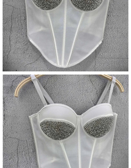 Rhinestone Mesh Denim Bustier Corset Crop Top Push-Up Party Bralette