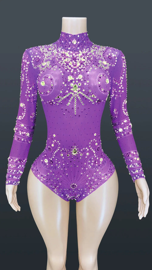 Sparkly Crystals Long-Sleeve Mesh Bodysuit Stage Performance Costume