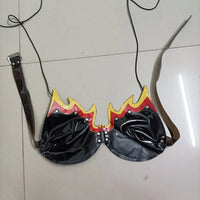 PU Leather Flame Bikini, Collar & Harness Shorts 3-Piece Gogo Performance Costume Set