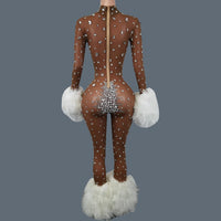 Sparkly Rhinestone & Feather Cuffed Jumpsuit Stage Performance Catsuit Costume