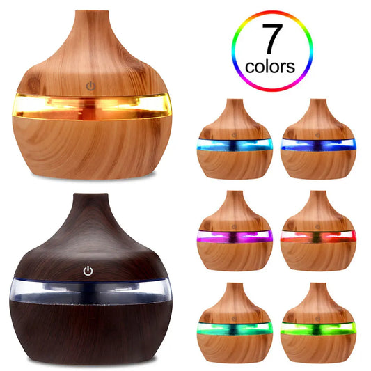 5V 2W 300ML Water Capacity Air Humidifier Essential Oil Diffuser USB Ultrasonic Dark Wood Light Grain LED Light for House Room