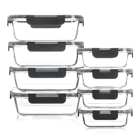 8-Piece Glass Food Storage Containers Set, BPA-Free, Leakproof, Microwave & Oven Safe, 6 Sizes, Borosilicate Glass Lock Lid