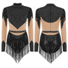 Rhinestone Sequin Tassel Long Sleeve Dance Jumpsuit Bodysuit