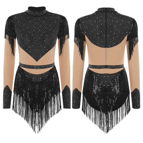 Rhinestone Sequin Tassel Long Sleeve Dance Jumpsuit Bodysuit
