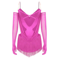 Sparkly Rhinestone & Tassel Fringe Dance Leotard with Gloves Two-Piece Stage Costume